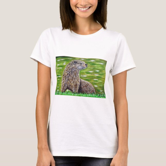 T-shirt Otter sur une peinture de rive d'une rivière (Devant)