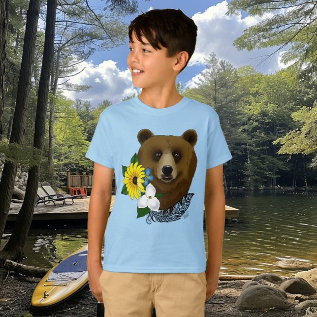 T-shirt Ours Brun Fleurs Bleues Plume Faune (Créateur téléchargé)