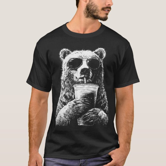 T-shirt Ours Cool Buvant du Café Glacé Mème Animal Drôle (Devant)