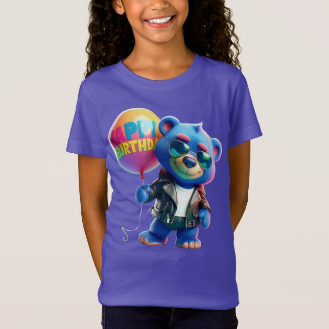 T-Shirt Ours dans une veste en cuir, Joyeux anniversaire,  (Devant)