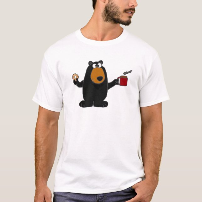 T-shirt Ours noir drôle mangeant le beignet et buvant du (Devant)
