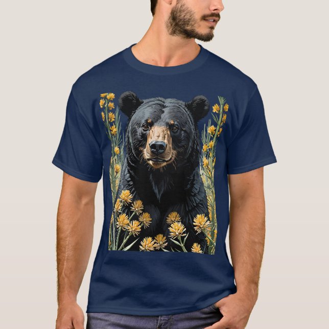 T-shirt Ours noir entouré de fleurs de Yucca 2 (Devant)