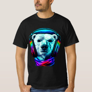T-shirt ours polaire portant des écouteurs arc-en-