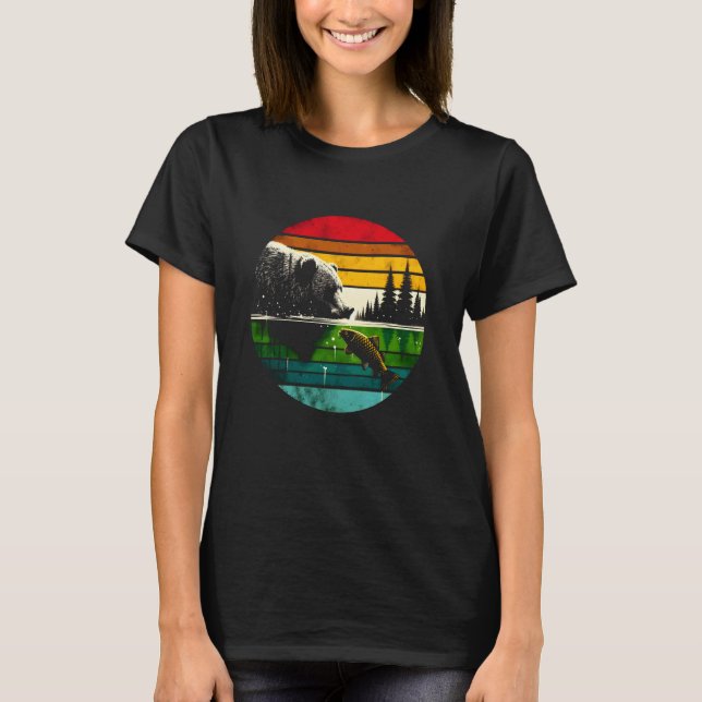 T-shirt Ours Pris Poisson Coucher de Soleil Rétro - Faune  (Devant)