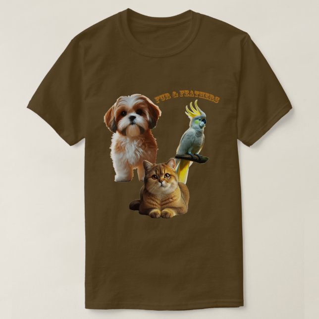 T-shirt Ourson de fourrure et plumes Chien, Chat et Oiseau (Design devant)