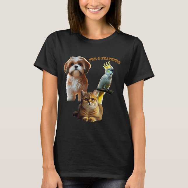 T-shirt Ourson de fourrure et plumes Chien, Chat et Oiseau (Devant)