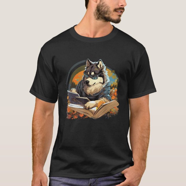 T-shirt Outdoors Alaskan Malamute Dog Reading Book  (Devant)