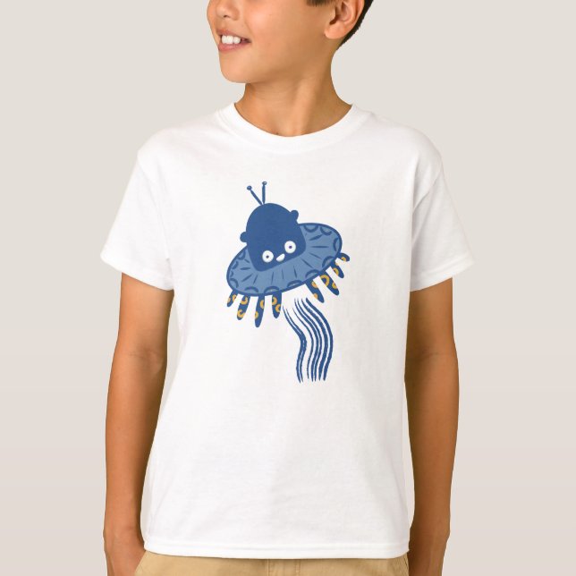 T-shirt OVNI octopique bleu Kawaii (Devant)