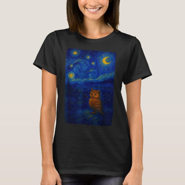 T-shirt Owl Starry Cute Night Van Gogh Owl Bird Lovers Wom (Devant)