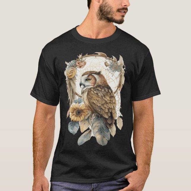 T-shirt Owl Tribal Watercolor Owl Dream Catcher  2 (Devant)