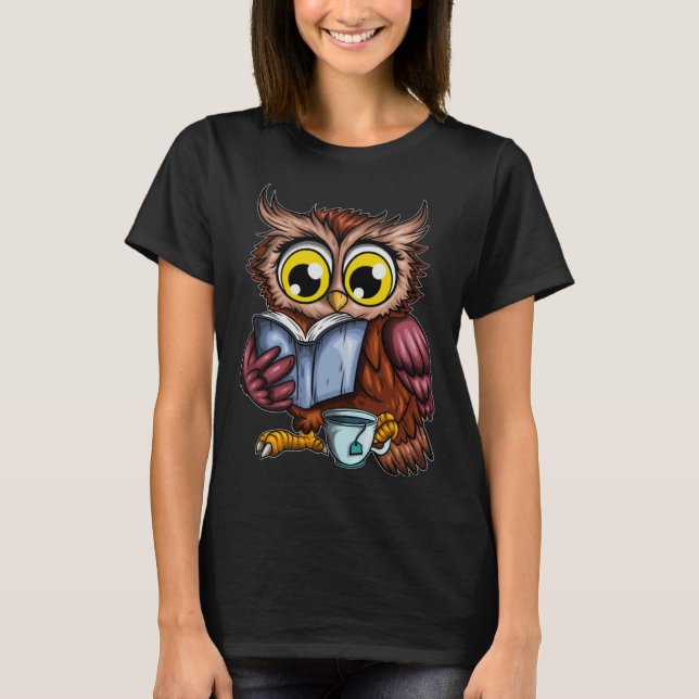 T-shirt Owls Book Newspaper Crime Novel Hot Tea Cup Owl Re (Devant)
