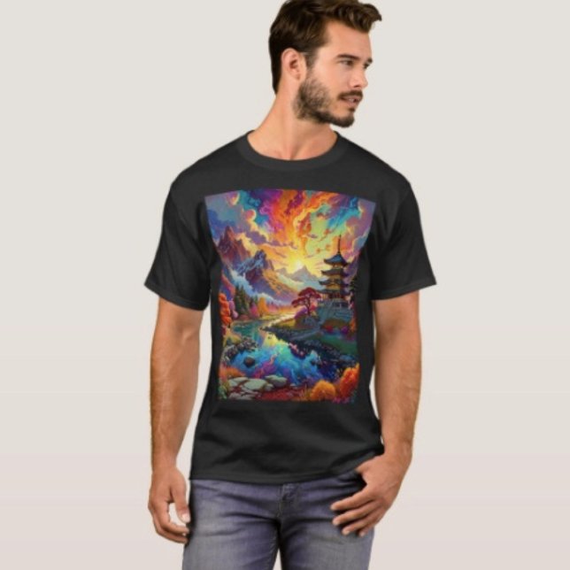 T-shirt Pagode et paysage coloré  (Vibrant Pagoda Fantasy Landscape Art Graphic T-Shirt  100%  cotton unisex standard fit. 
)