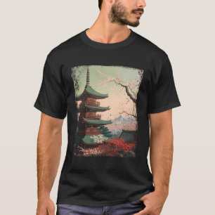 T-shirt Pagode Japonaise Ukiyo-E Et Fleurs De Cerisiers