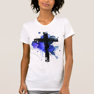 T-shirt Paint Splatter Croix chrétienne - Bleu