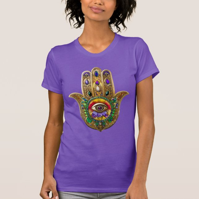 T-shirt Painted Gold Hamsa Amethyst Ruby Third Eye (Devant)
