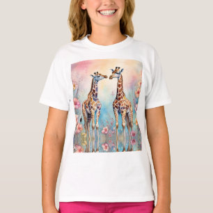 T-shirt Paire de girafes dans un jardin pastel