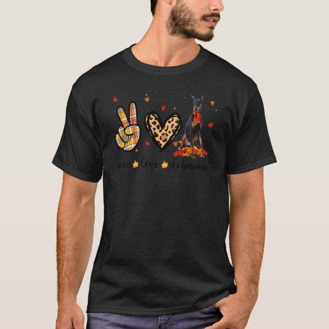 T-shirt Paix Amour Doberman Écharpe Léopard Automne Tomber (Devant)