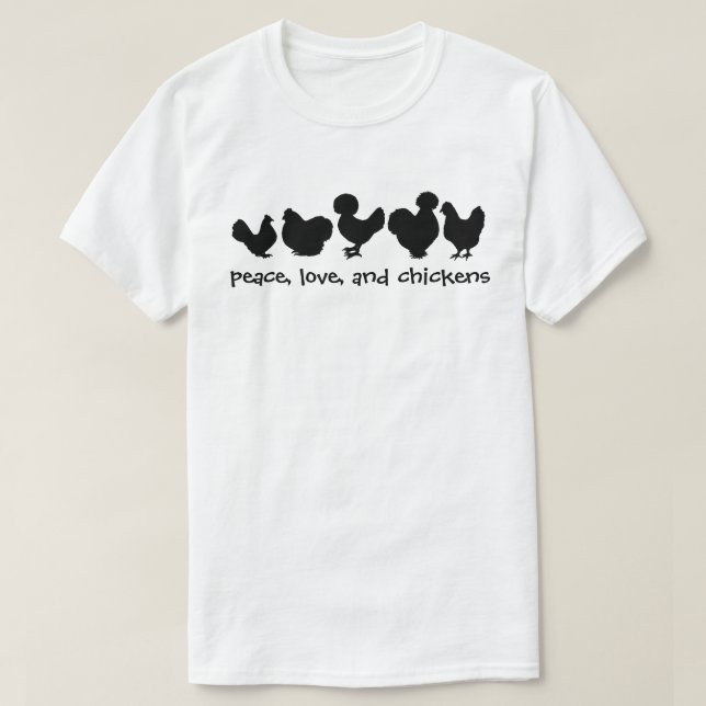 T-shirt paix, amour, et poulets blancs (Design devant)