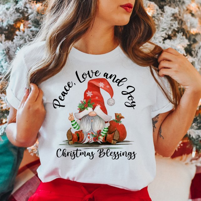 T-shirt Paix, Amour & Joie, Blessures Gnomes de Noël migno (Peace, Love & Joy, Cute Christmas Gnome Blessings T-Shirt)