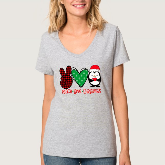 T-shirt Paix, Amour, Pingouin de Noël (Devant)