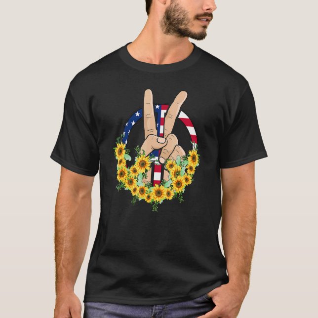 T-shirt Paix Mains En Paix Tournesol Drapeau Américain 4e  (Devant)