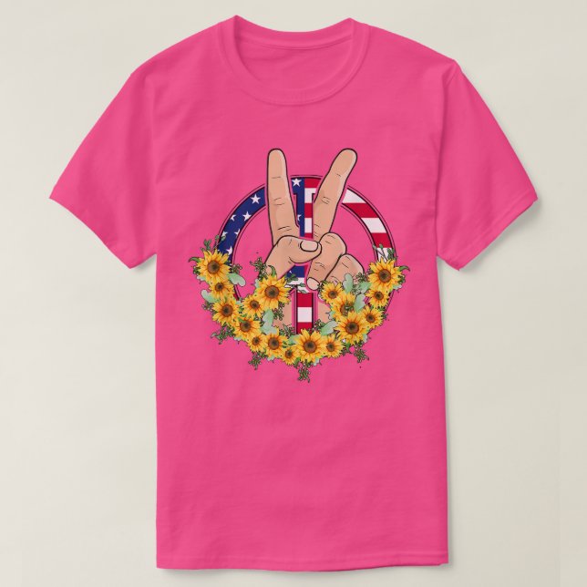 T-shirt Paix Mains En Paix Tournesol Drapeau Américain 4e  (Design devant)