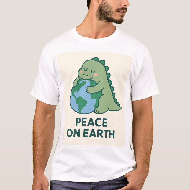 T-shirt Paix sur Terre - Dinosaure vert mignon serrant l'E (Devant)