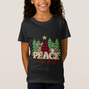T-Shirt Paix sur Terre Père Noël Reindeer Buffalo Plaid Tr