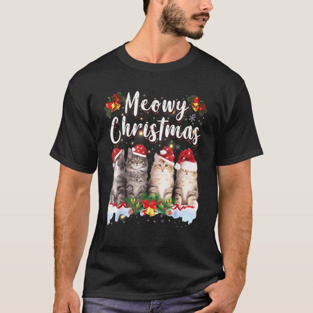 T-shirt Pajamas de Noël de la famille Meowy Chat Père Noël (Devant)
