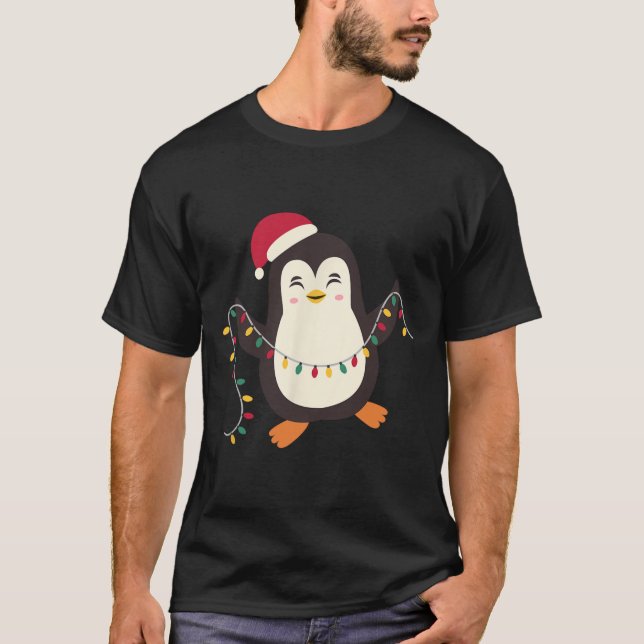 T-shirt Pajamas Pingouins mignons Noël Père Noël illuminat (Devant)