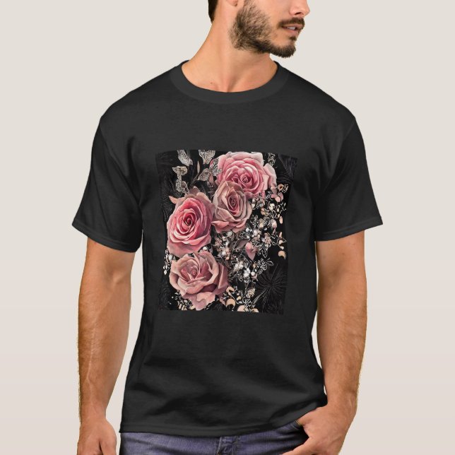 T-shirt Pale Pink Roses with Delicate Vines Rustic Floral (Devant)