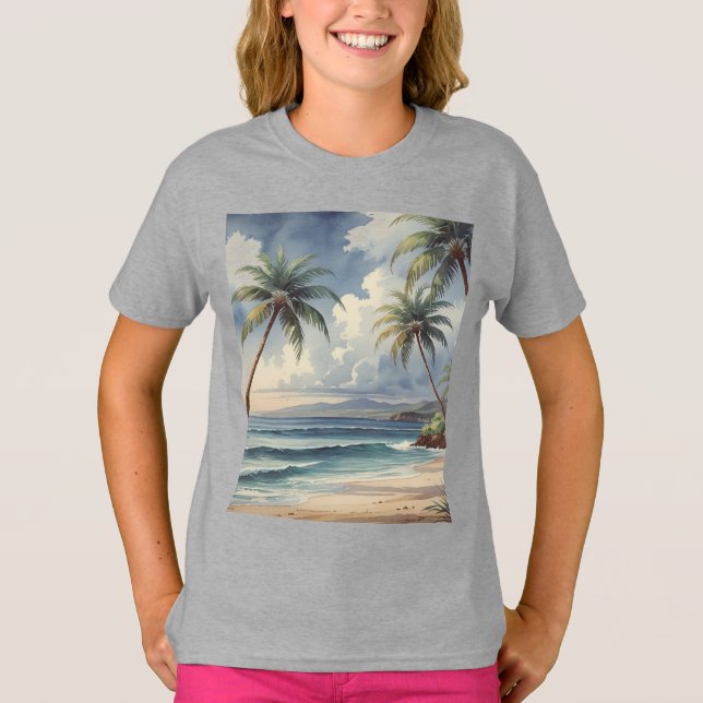 T-shirt Palm Trees Hawaiian Travel Honolulu Blue Sea (Devant)