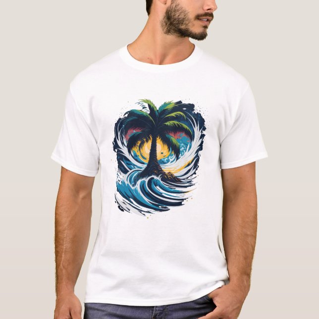 T-shirt Palmier en style peinture avec vague (Devant)