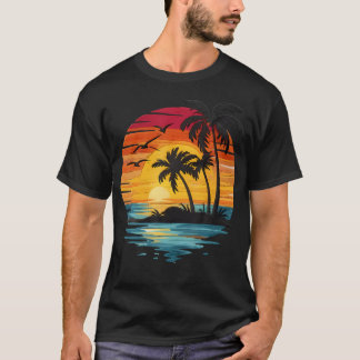 T-shirt Palmier Rétro Coucher de Soleil Été Plage Vintage