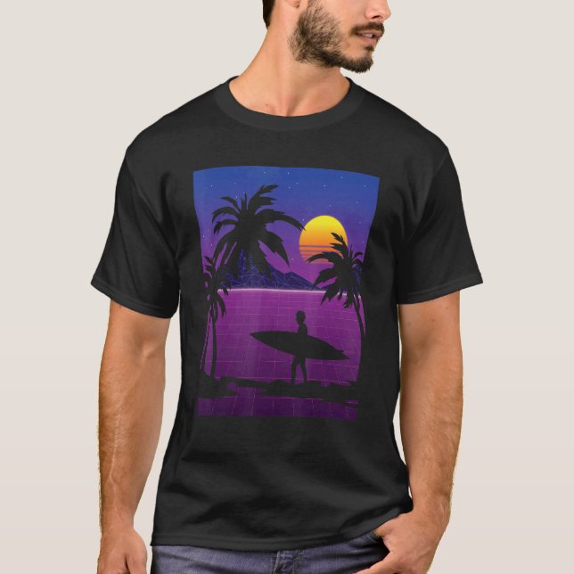 T-shirt Palmiers Vaporwave Surfer Synthwave Sunset Surfi (Devant)