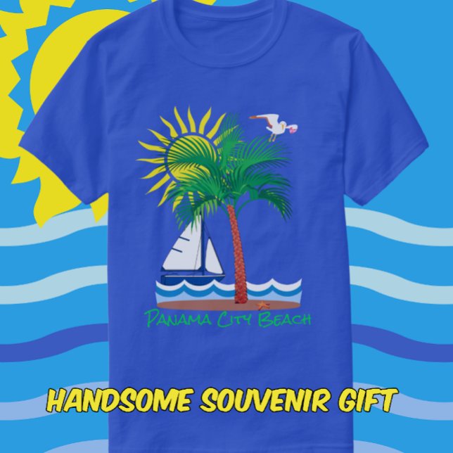 T-shirt Panama City Beach Florida Palm Sailboat et Sun (Pick your shirt and text colors.)