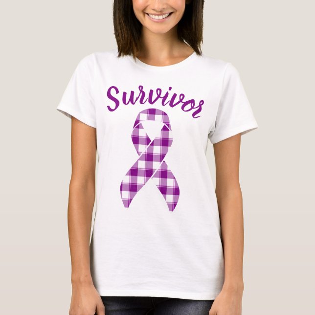 T-shirt Pancreatic Cancer Survivor Plaid Purple Ribbon (Devant)