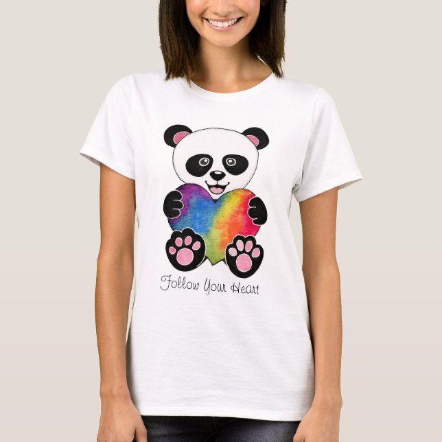 T-shirt Panda Aquarelle Cute Avec Coeur Arc En Ciel (Devant)