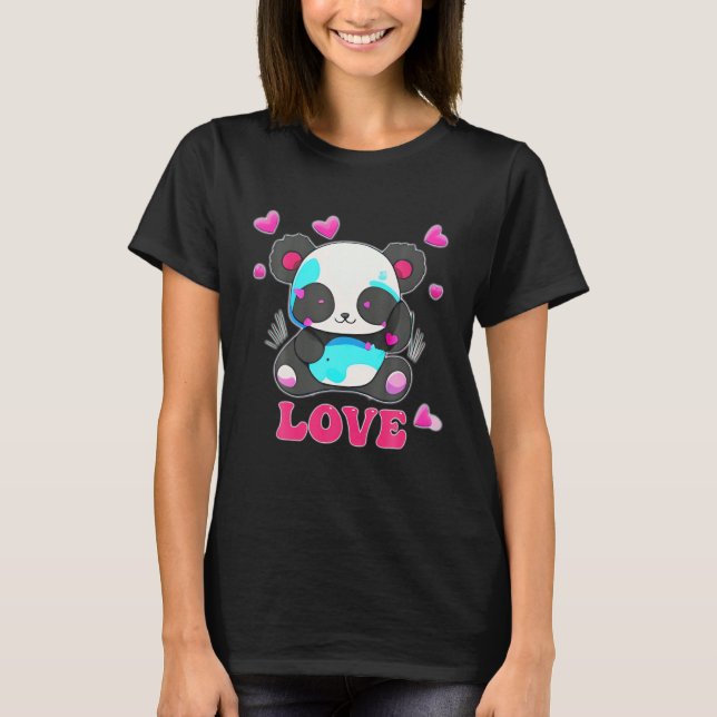 T-shirt Panda Avec Coeurs Valentines Journée Femmes Et Fil (Devant)