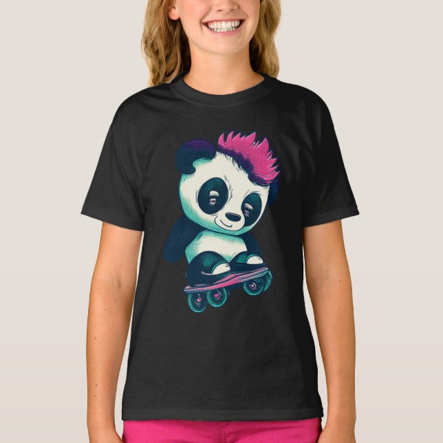 T-shirt Panda bébé mignonne avec mohawk | Panda de patinag (Devant)