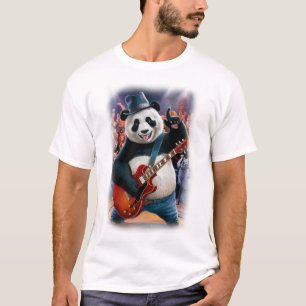 T-shirt Panda drôle joue du Rock and Roll sur un fond bleu