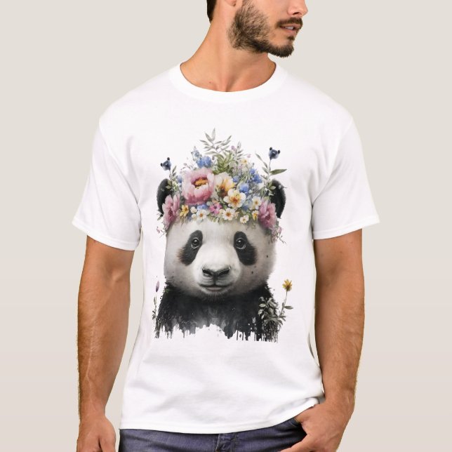 T-shirt Panda Floral Aquarelle Cute (Devant)