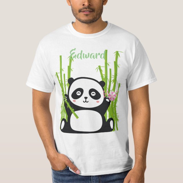 T-shirt Panda heureux avec bambou et fleurs de cerisiers (Devant)