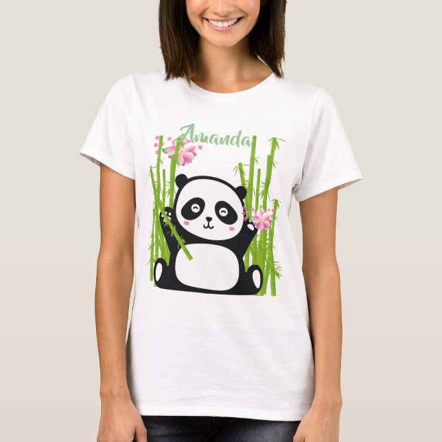 T-shirt Panda heureux avec bambou et fleurs de cerisiers  (Devant)