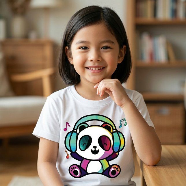 T-Shirt Panda heureux avec des écouteurs en train d'écoute (Happy Panda with headphones listening to music. Girl Basic White T-Shirt)