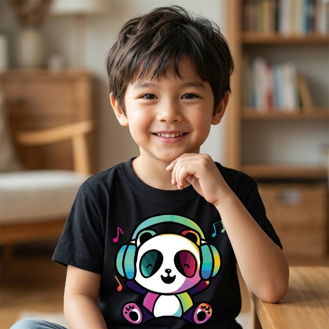 T-shirt Panda heureux avec des écouteurs en train d'écoute (Happy Panda with headphones listening to music. Boy Basic Black T-Shirt)