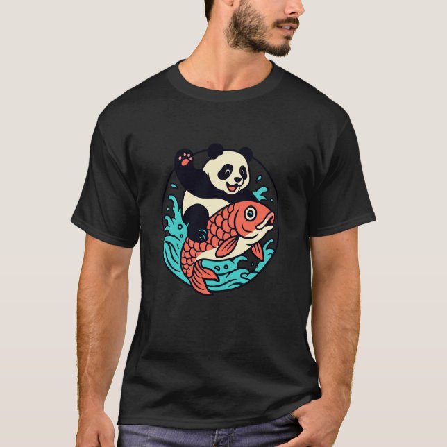 T-shirt Panda montant un poisson-koi (Devant)
