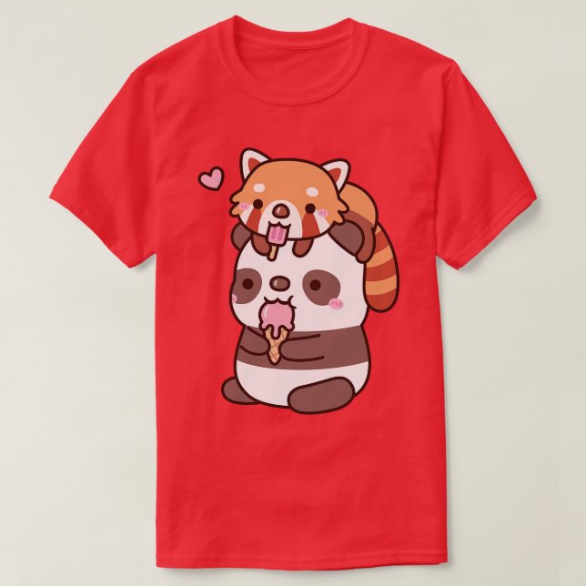 T-shirt Panda Rouge Cute Et Panda Mangent De La Crème De G (Design devant)