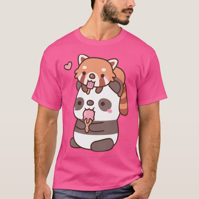 T-shirt Panda Rouge Cute Et Panda Mangent De La Crème De G (Devant)