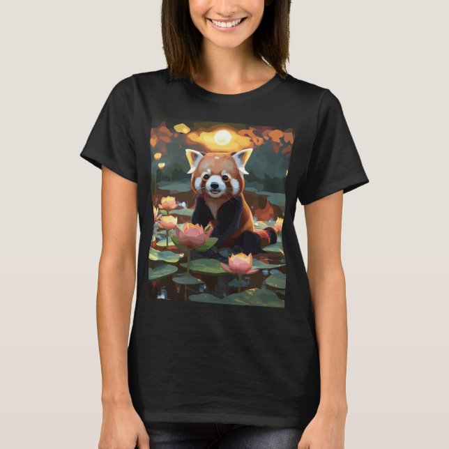 T-shirt Panda rouge dans l'étang du lotus (Devant)